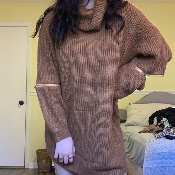 RUMOR BOUTIQUE LF CAMEL SWEATER DRESS WITH ZIPPERS - Picture 5 of 6